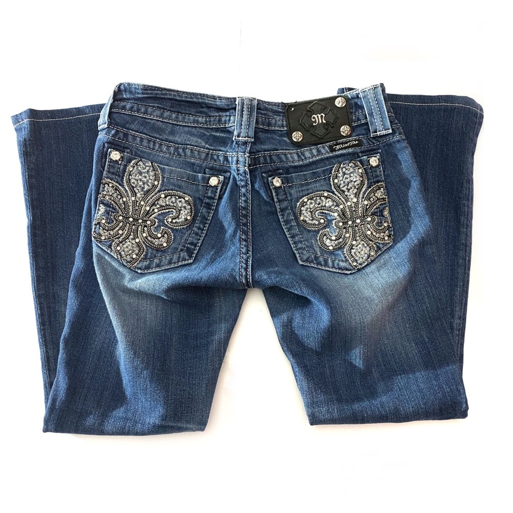 Miss Me Blue Fleur De Lis Rhinestone Bootcut Jeans
